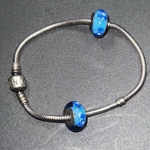 Pandora Snake Chain Bracelet with 2 Royal Blue Glass Beads